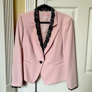 Basler pink blazer with black lace trim around lapel and wrists.